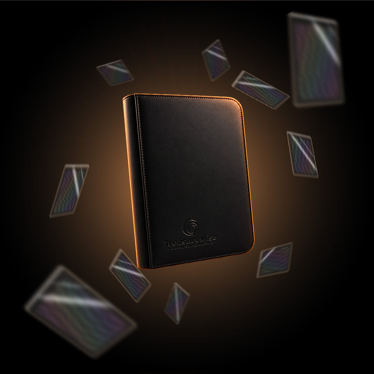 Classeur zippé WiseGuard noir en cuir avec logo TreasureWise embossé, entouré de cartes protégées en suspension