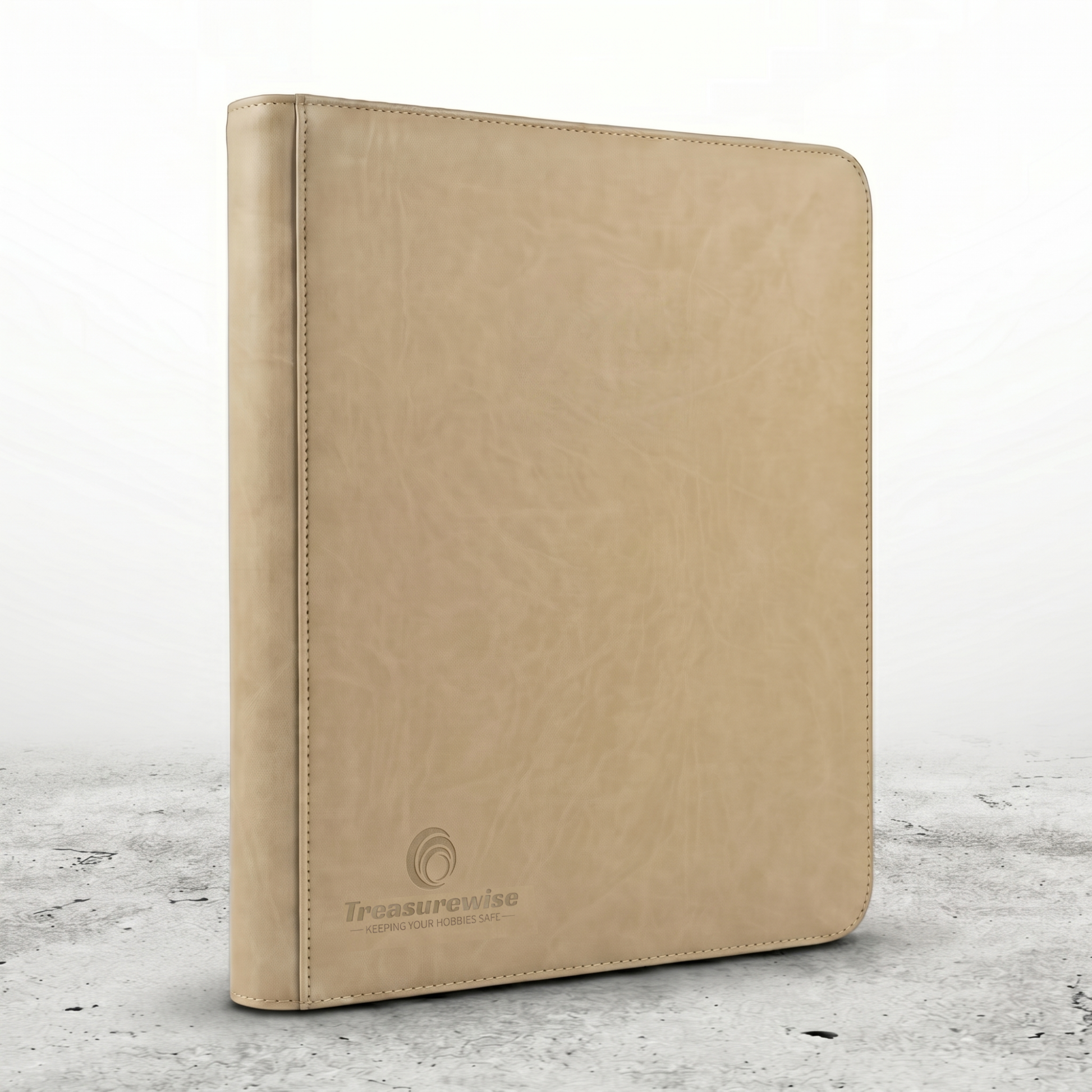 Classeur XL zippé 480 cartes beige sable, logo Treasurewise en bas de couverture
