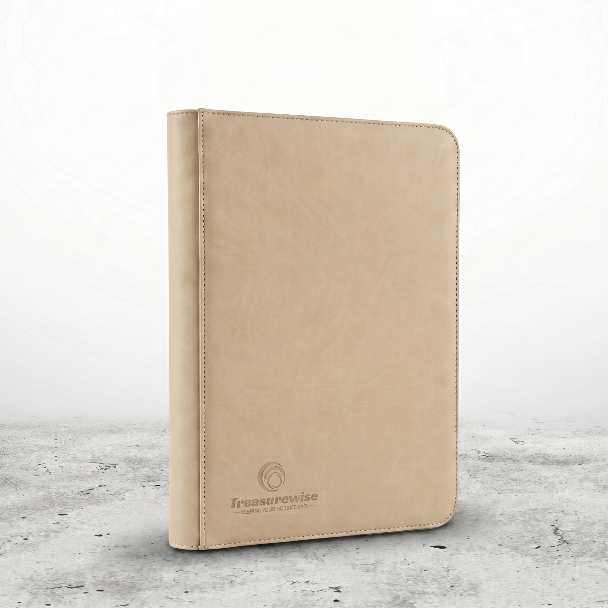 Classeur zippé 360 cartes coloris beige, grain sable et logo embossé
