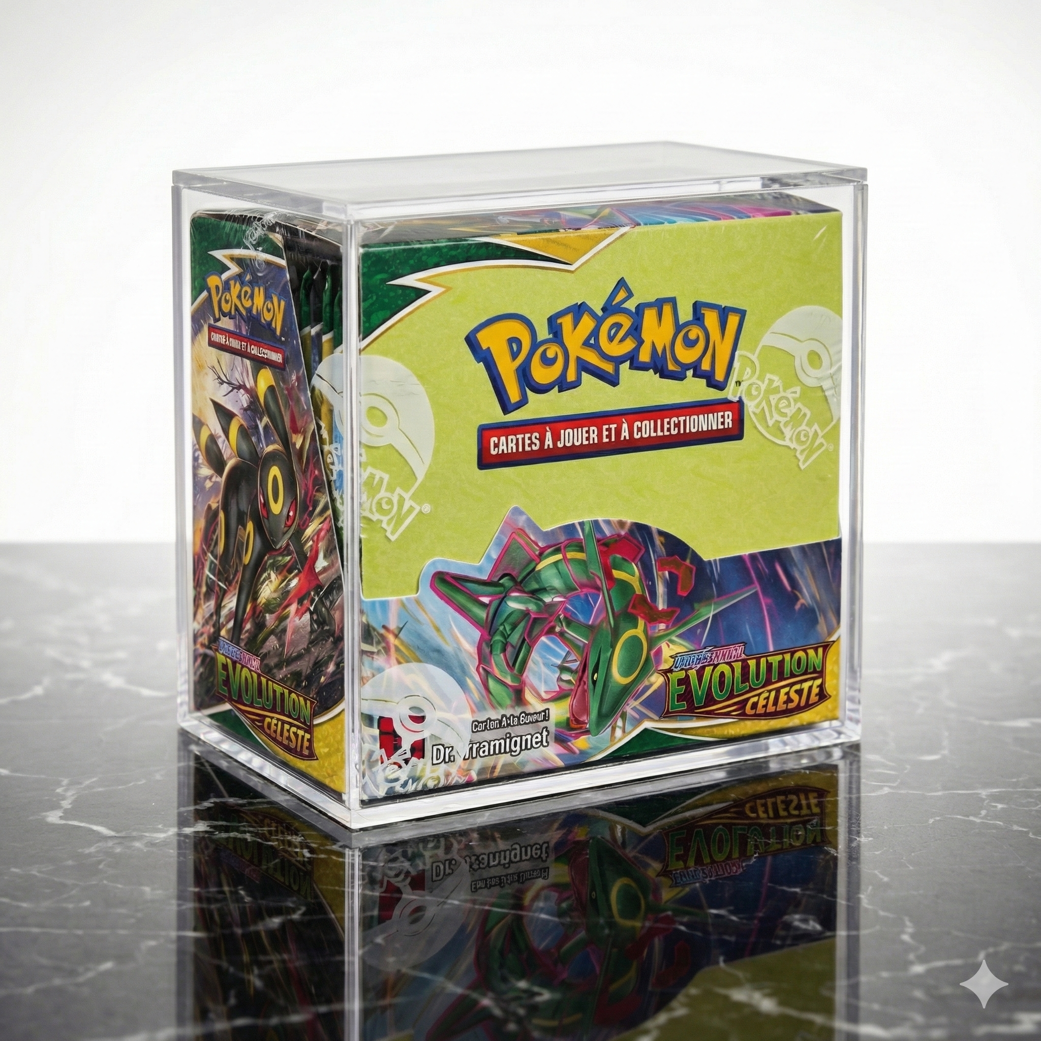 Protection acrylique pour boîte de boosters Pokémon avec display vintage à l'intérieur