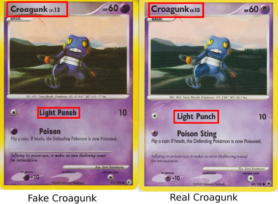 Comparaison de la police d'écriture entre une vraie et une fausse carte Pokémon